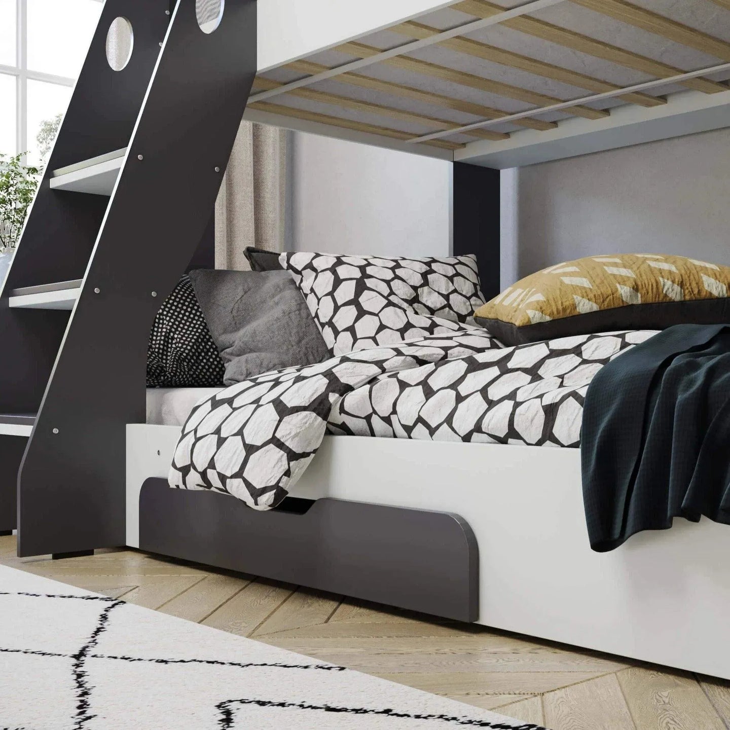Flick Dark Grey Triple Bunk Bed with Storage Shelves & Drawer